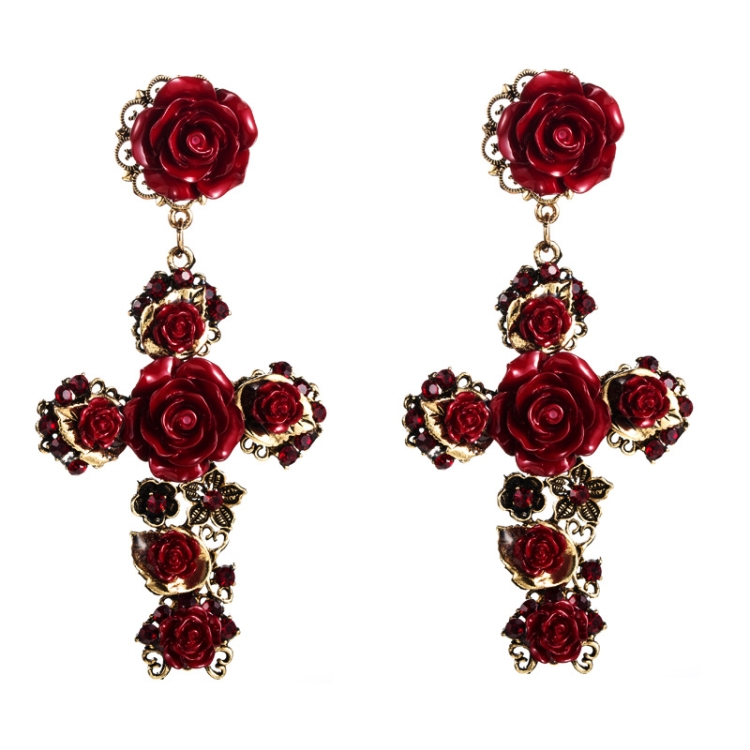 1 Pair Baroque Rose Flower Cross Long Earrings Vintage Earrings(Red)