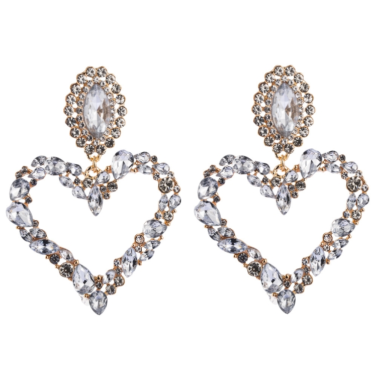 1 Pair Heart Shaped Alloy Retro Earrings With Colored Rhinestone Flashing Full Rhinestone Earrings(White)