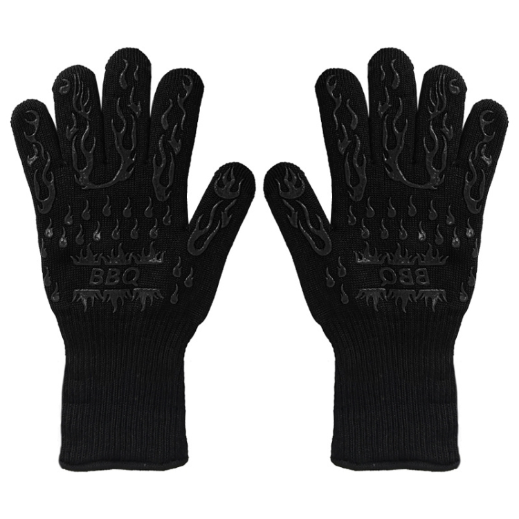 1 Pair High Temperature Resistant Silicone BBQ Gloves  Anti-Scalding Gloves(BBQ Flame Black)