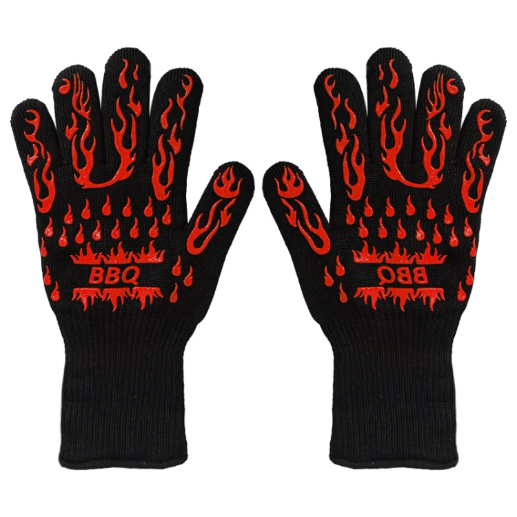 1 Pair High Temperature Resistant Silicone BBQ Gloves  Anti-Scalding Gloves(BBQ Flame Red)