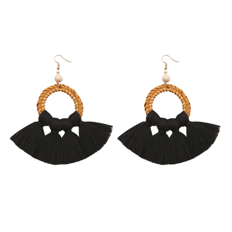 1 Pairs Ethnic Style Cotton Tassel Earrings Exaggerated Earrings Long Earrings(Black)