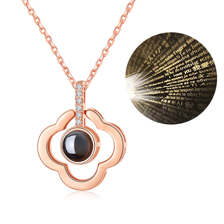 100 Language I Love You Projective Girl Four-leaf Clover Pendant Necklace Jewelry (Rose Gold)