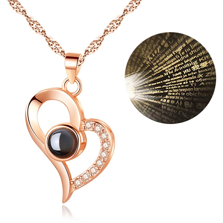 100 Language I Love You Projective Girl Heart Pendant Necklace Jewelry (Gold)