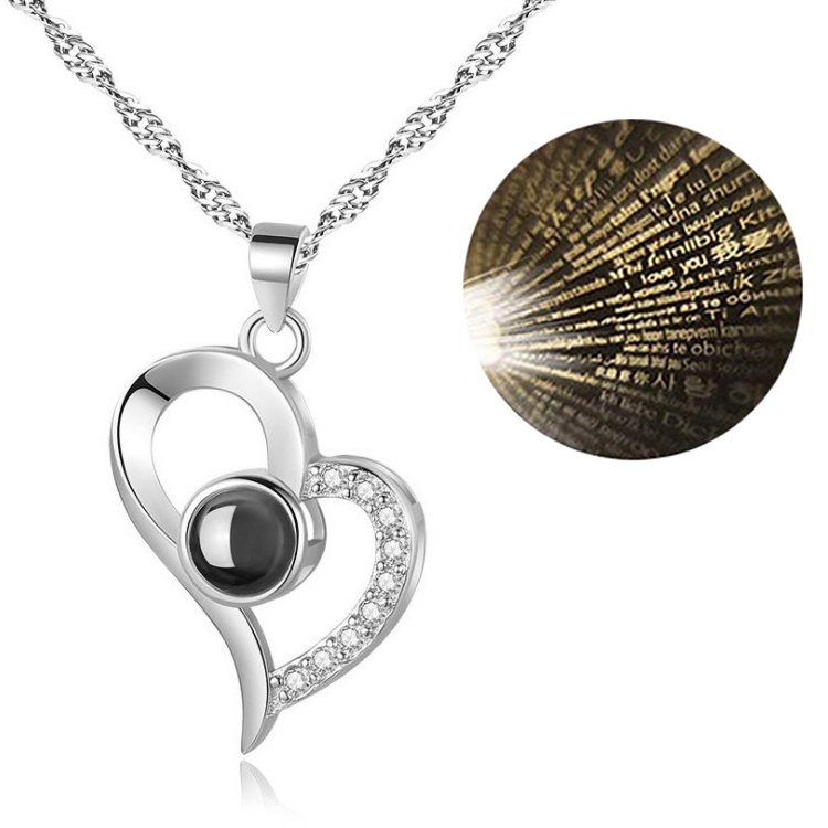 100 Language I Love You Projective Girl Heart Pendant Necklace Jewelry (Silver)
