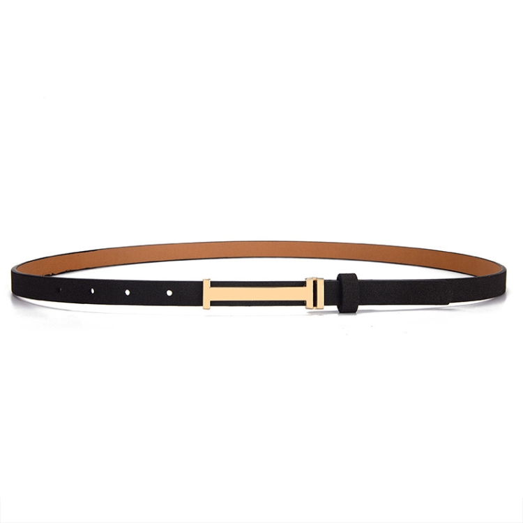 100cm Women Adjustable Leather Decorative Belt Casual Jeans Gold Buckle Thin Belt(Black)