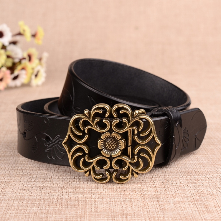 105cm Sunflower Pattern Needle Buckle Women Belt Retro Waist Band Leather Belt(Black)