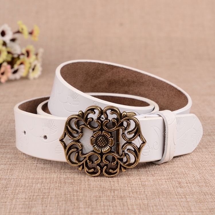 110cm Sunflower Pattern Needle Buckle Women Belt Retro Waist Band Leather Belt(White)