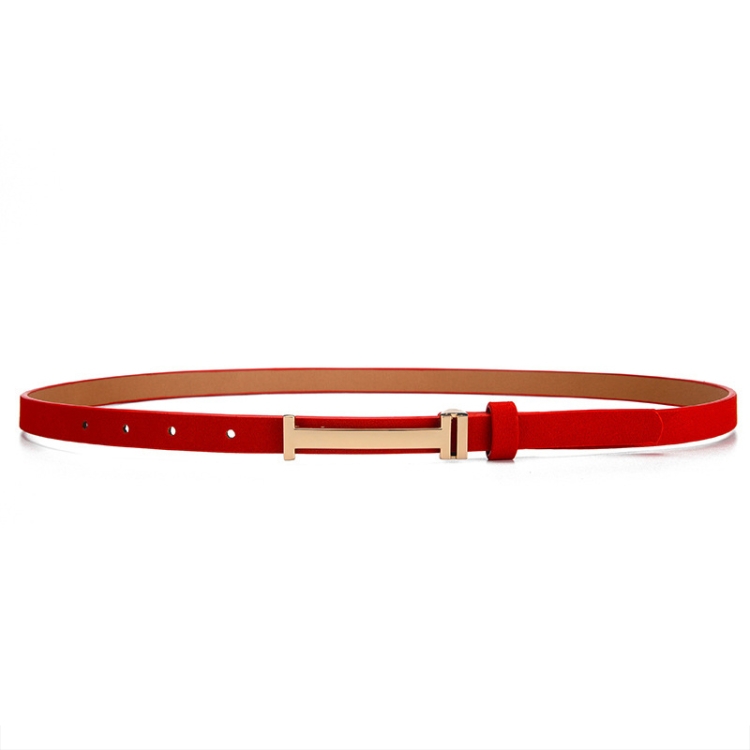 110cm Women Adjustable Leather Decorative Belt Casual Jeans Gold Buckle Thin Belt(Red)