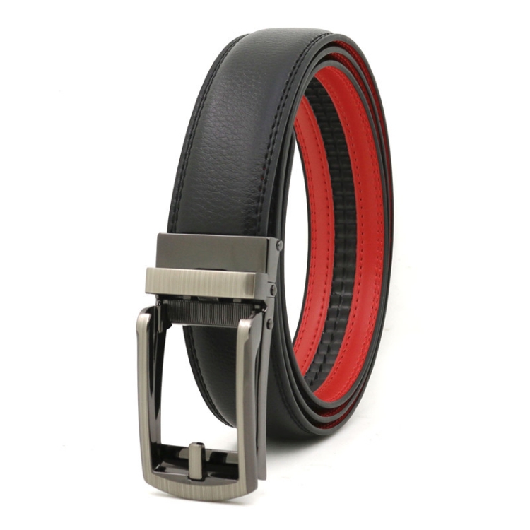 115cm Second Layer Cowhide Men Business Belt Automatic Buckle Belt(Black Red)