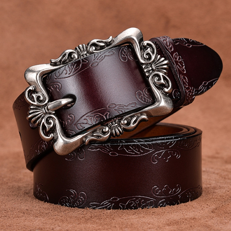 115cm Women Carved Leather Waist Band Simple Pin Buckle Belt(Coffee)