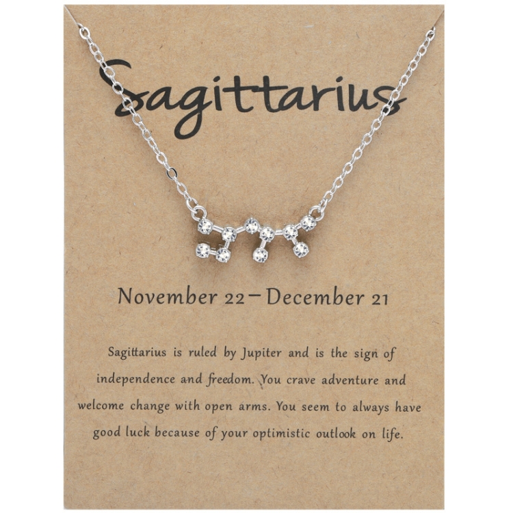 12 Zodiac Signs With Diamonds Necklace Card Rhinestones Collarbone Chain Pendant, Style: Sagittarius Silver