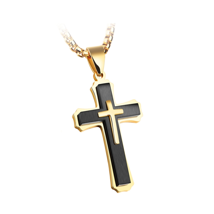 1213 Three Layer Cross Necklace Titanium Steel Men Necklace, Color: Black Pendant+3x55cm Pearl Chain