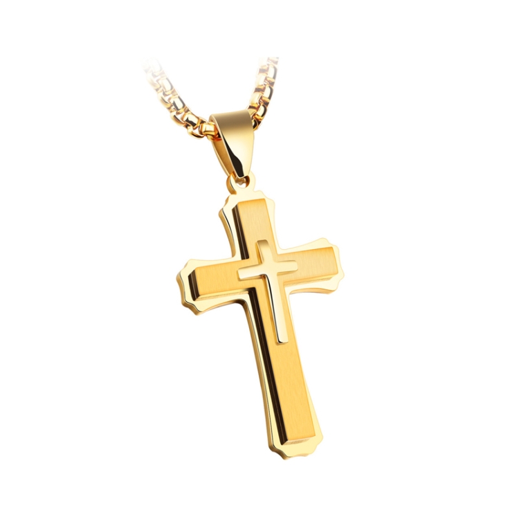 1213 Three Layer Cross Necklace Titanium Steel Men Necklace, Color: Gold Pendant+3x55cm Pearl Chain