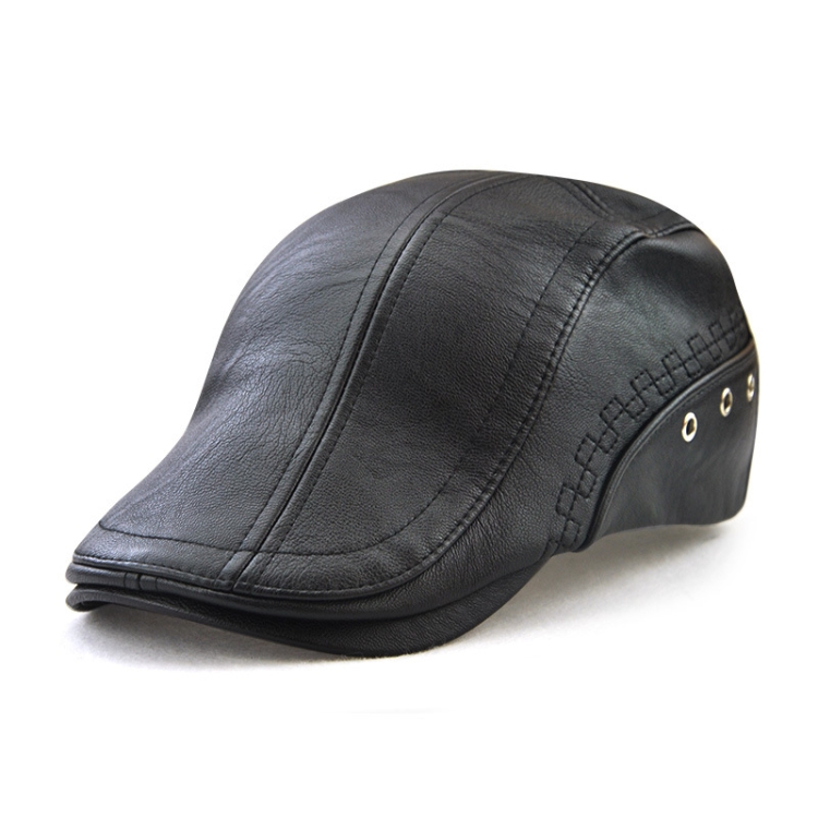 12982 Autumn and Winter Adjustable PU Leather Perforated Peaked Cap, Size:One Size(Black)