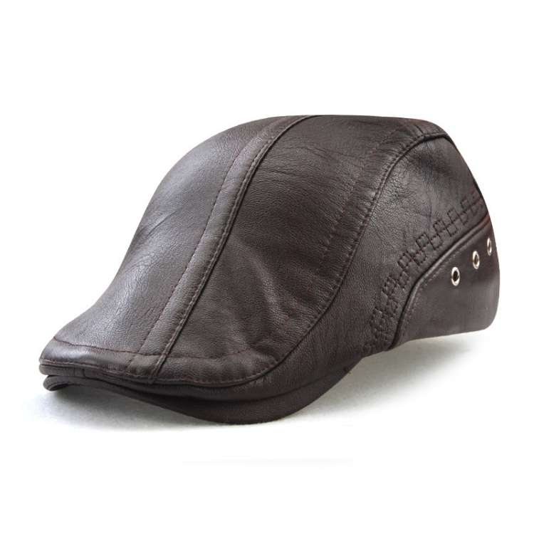 12982 Autumn and Winter Adjustable PU Leather Perforated Peaked Cap, Size:One Size(Dark Coffee)