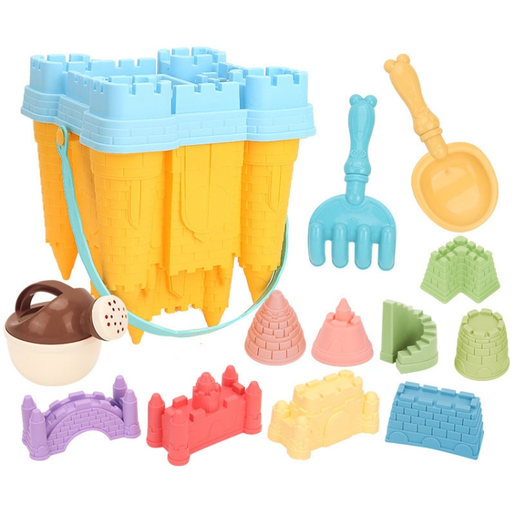 13pcs /Set Outdoor Castle Beach Toy Bucket Child Play House Cartoon Play Sand Dredging Tool(Yellow)