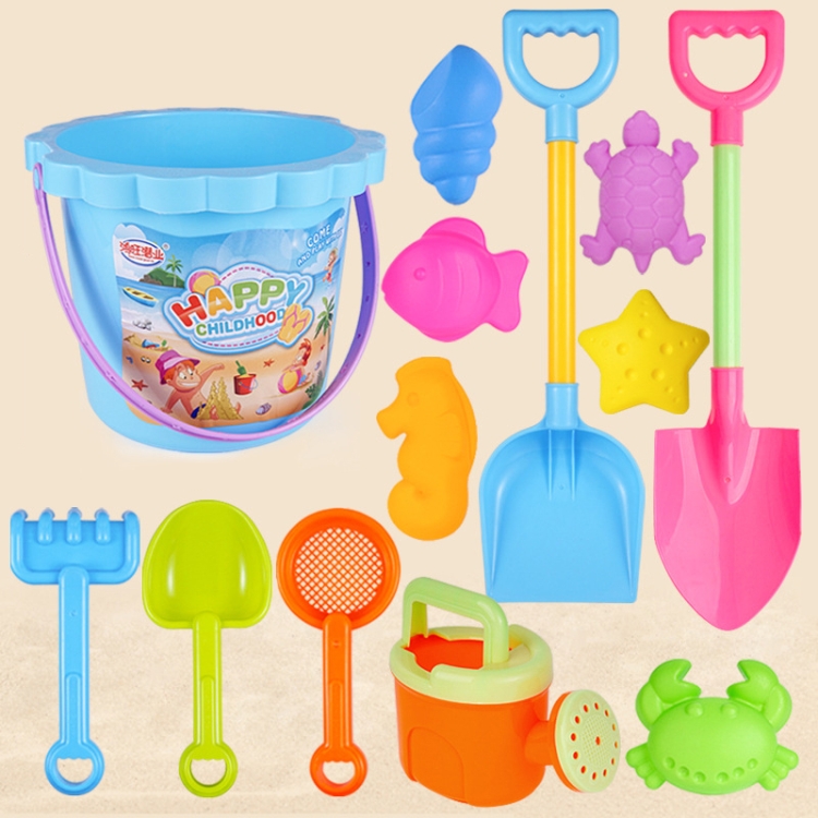 13pcs/Set Children Beach Toys Set Large Sand Shovel Bucket Sand Digging Tools Hourglass, Color: Blue Lace Barrel