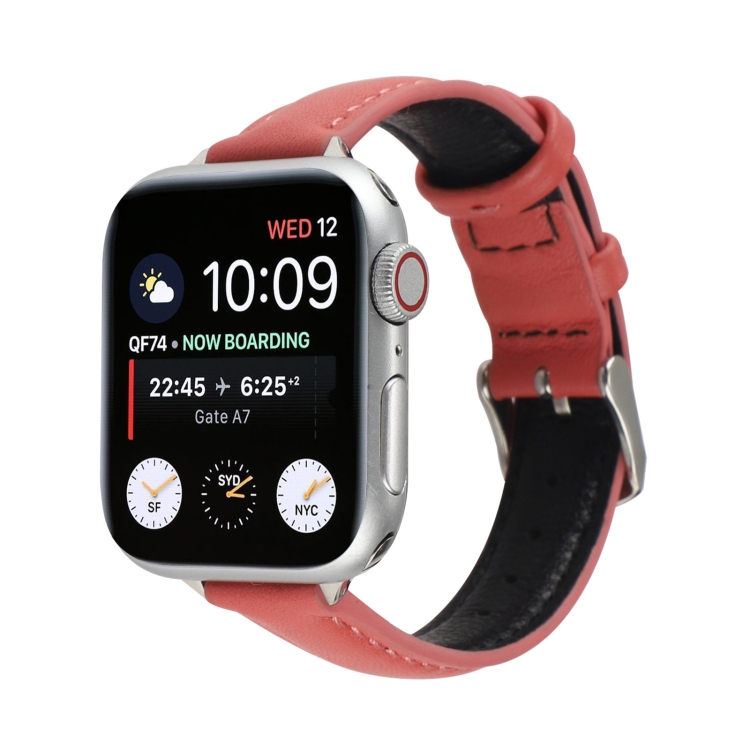 14mm Slim Genuine Leather Watch Band Watch Band For Apple Watch Series 9&8&7 41mm / SE 3&SE 2&6&SE&5&4 40mm / 3&2&1 38mm(Rose Red)