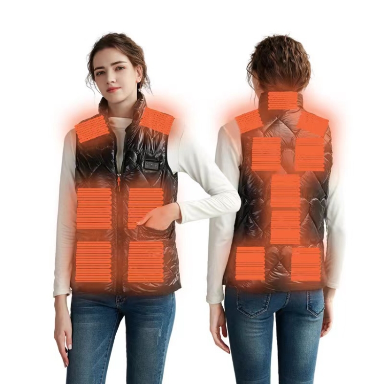 15 Areas Heated Shiny Vest For Women With 3 Independent Temperature Control, Size: S(Black)