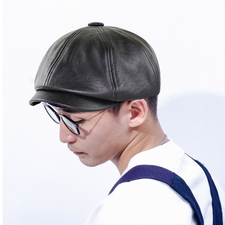 15382 PU Leather Octagonal Hat Winter Outdoor Warm Cap Retro Beret, Size:One Size(Black)