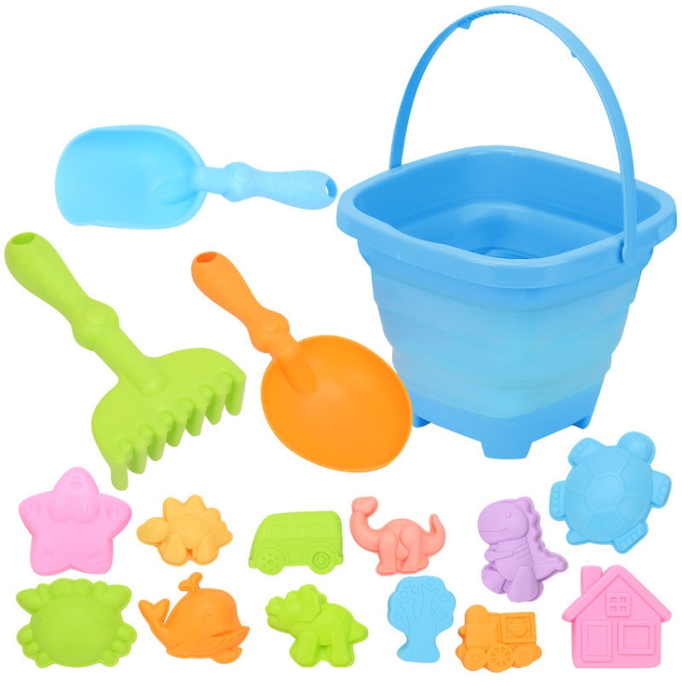 16pcs /Set Children Folding Bucket Beach Toys Play House Water Play Sand Dredging Tools(Blue)