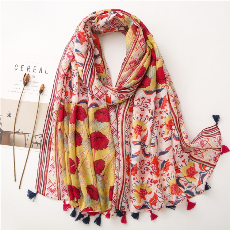 180 X 85cm  Women Cotton And Linen Scarf Retro Splicing Bohemian Printed Silk Shawl SL2008-005 Yellow