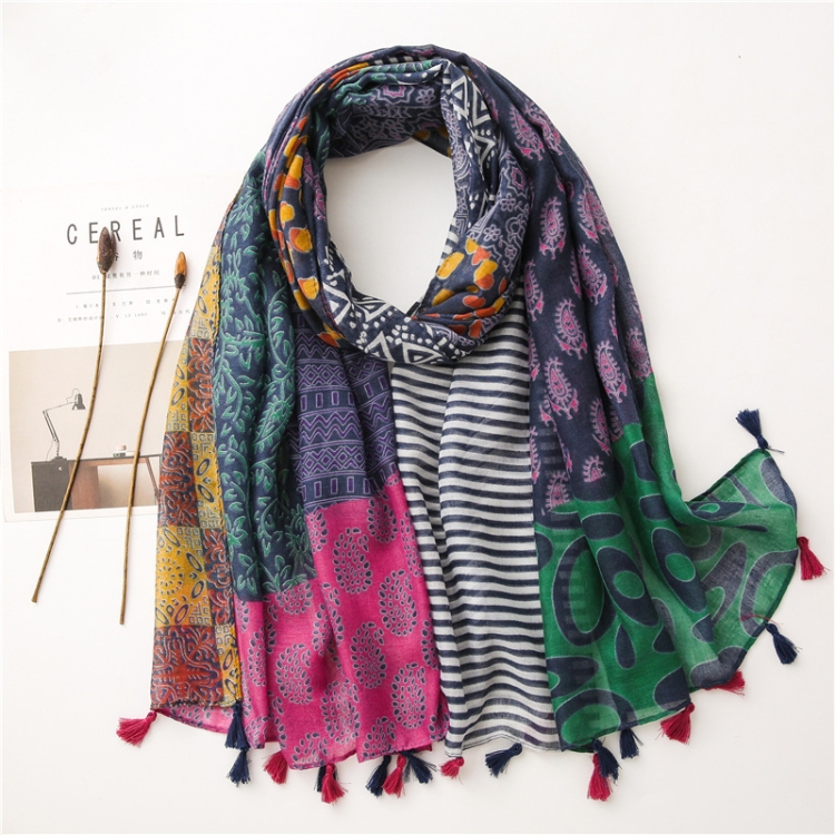 180 X 85cm  Women Cotton And Linen Scarf Retro Splicing Bohemian Printed Silk Shawl SL2009-017