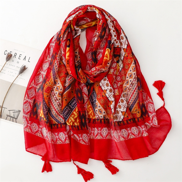 180 X 85cm Women Cotton And Linen Scarf Retro Splicing Bohemian Printed Silk Shawl SL2310-016