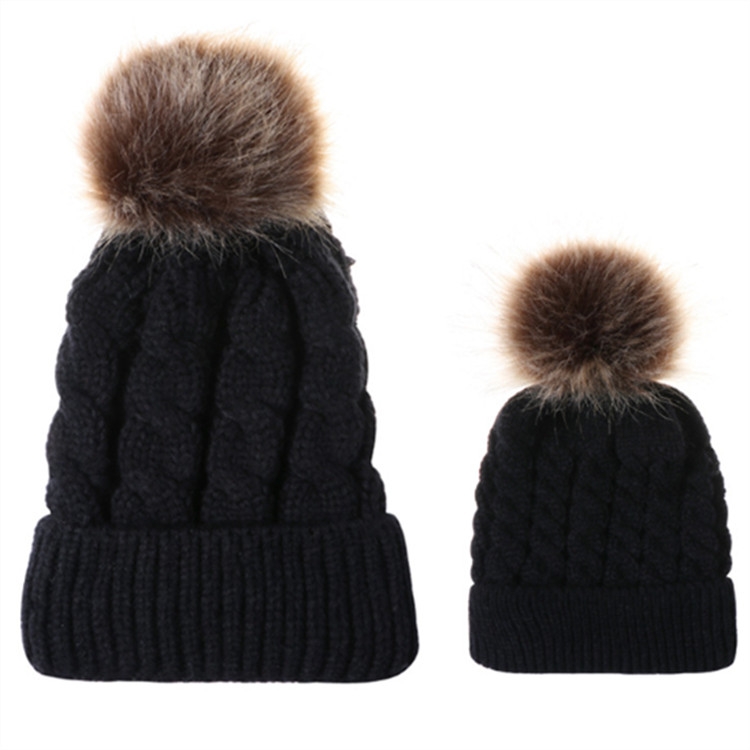 2 in 1 Autumn and Winter Parent-child Hat Set Warm Twist Texture Knit Hat with Wool Ball, Size:Parent-child(Black)