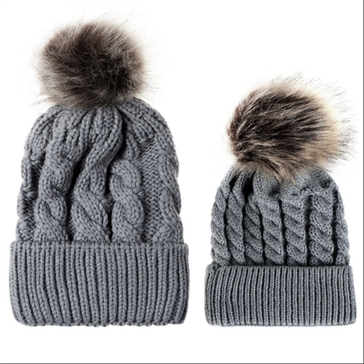 2 in 1 Autumn and Winter Parent-child Hat Set Warm Twist Texture Knit Hat with Wool Ball, Size:Parent-child(Gray)