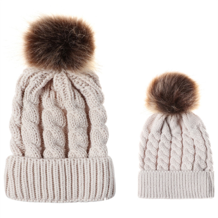 2 in 1 Autumn and Winter Parent-child Hat Set Warm Twist Texture Knit Hat with Wool Ball, Size:Parent-child(Khaki)