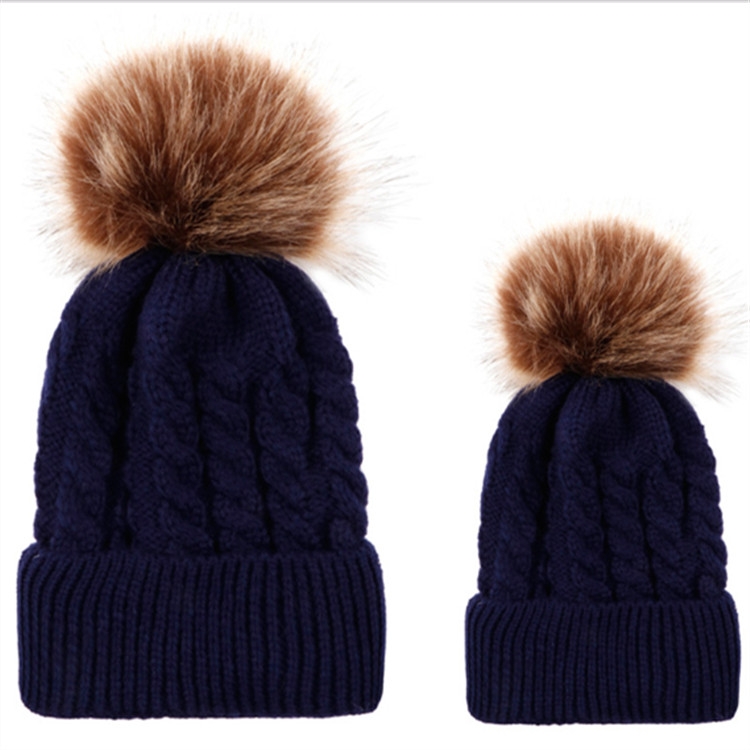 2 in 1 Autumn and Winter Parent-child Hat Set Warm Twist Texture Knit Hat with Wool Ball, Size:Parent-child(Navy Blue)