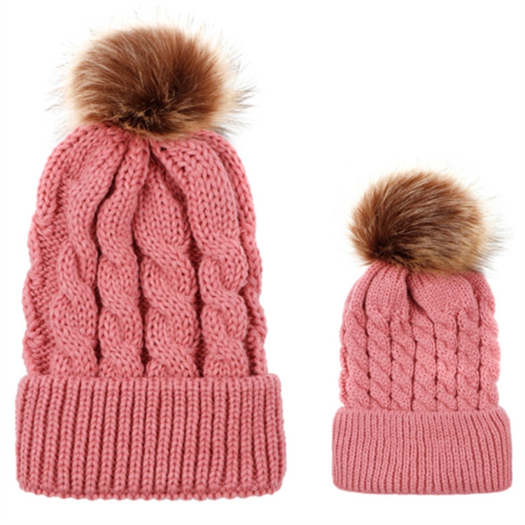 2 in 1 Autumn and Winter Parent-child Hat Set Warm Twist Texture Knit Hat with Wool Ball, Size:Parent-child(Pink)