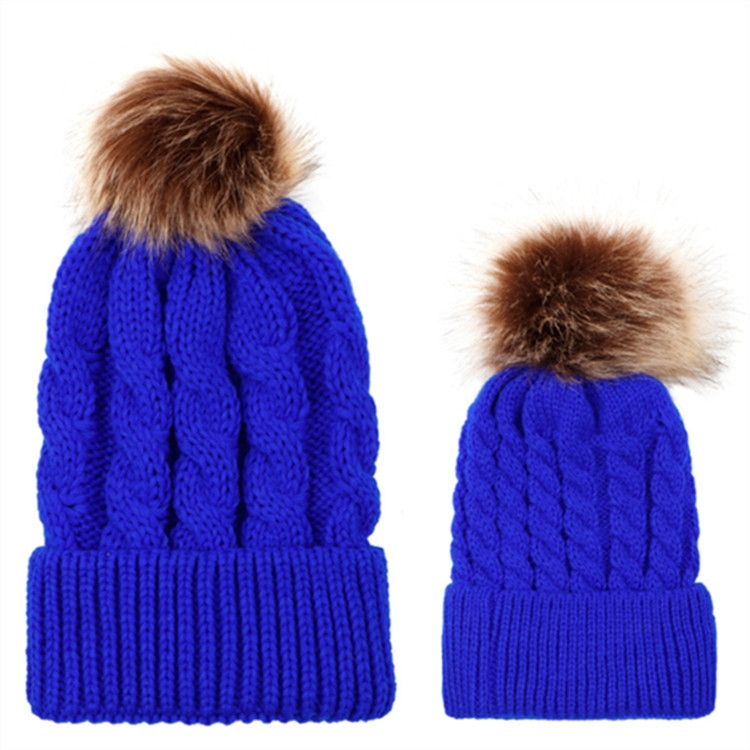 2 in 1 Autumn and Winter Parent-child Hat Set Warm Twist Texture Knit Hat with Wool Ball, Size:Parent-child(Royalblue)