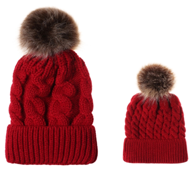 2 in 1 Autumn and Winter Parent-child Hat Set Warm Twist Texture Knit Hat with Wool Ball, Size:Parent-child(Wine Red)