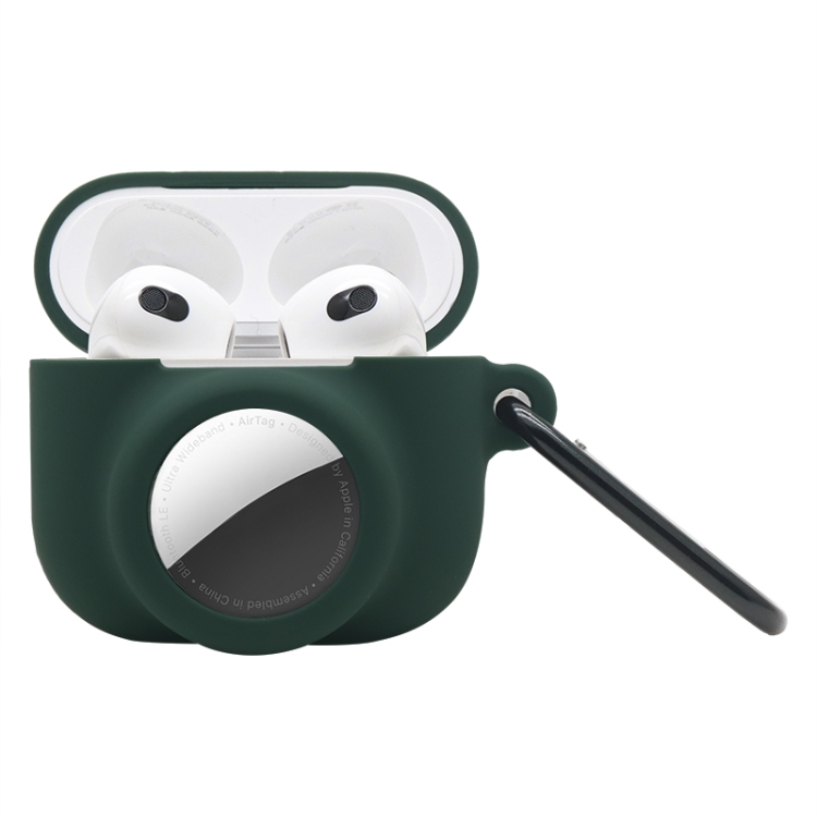 2 in 1 Shockproof Full Coverage Silicone Protective Case For AirPods 3 / AirTag 2nd Gen / AirTag 1st Gen(Dark Green)