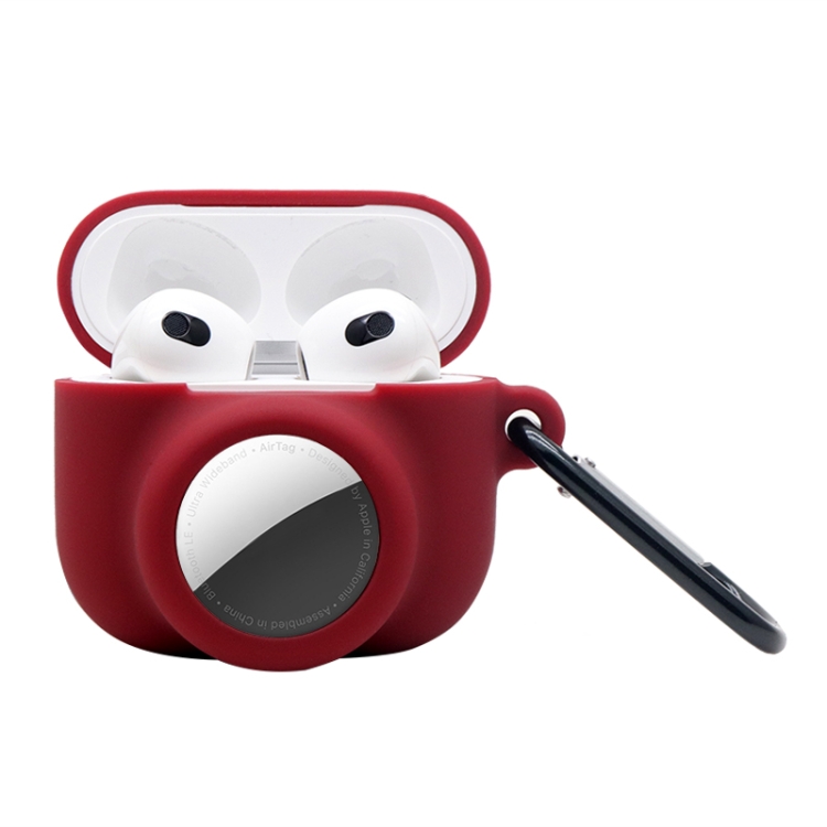 2 in 1 Shockproof Full Coverage Silicone Protective Case For AirPods 3 / AirTag 2nd Gen / AirTag 1st Gen(Wine Red)
