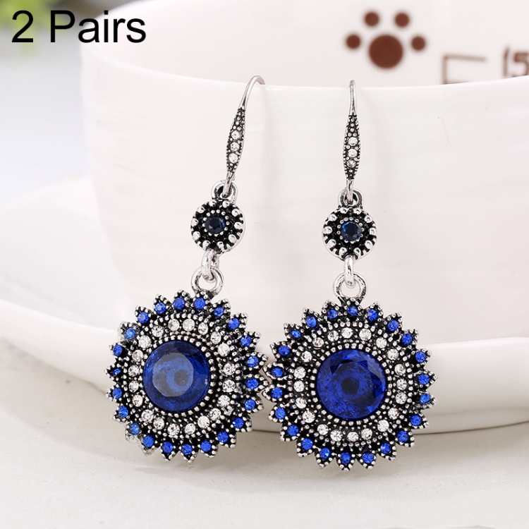 2 Pairs Ethnic Sun Flower Style Rhinestone Earrings Long Earbobs(Silver+Dark Blue)