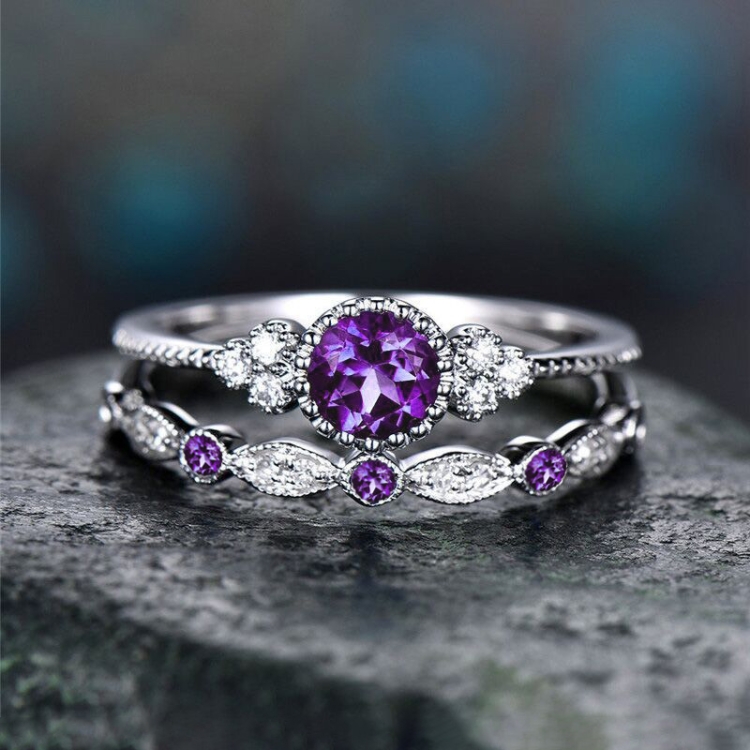 2 PCS/Set Women Fashion Zircon Gemstone Ring 10(Purple)