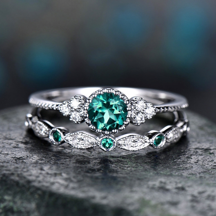 2 PCS/Set Women Fashion Zircon Gemstone Ring 5(Green)