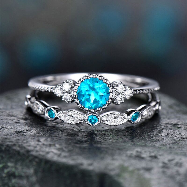 2 PCS/Set Women Fashion Zircon Gemstone Ring 5(Lake Blue)