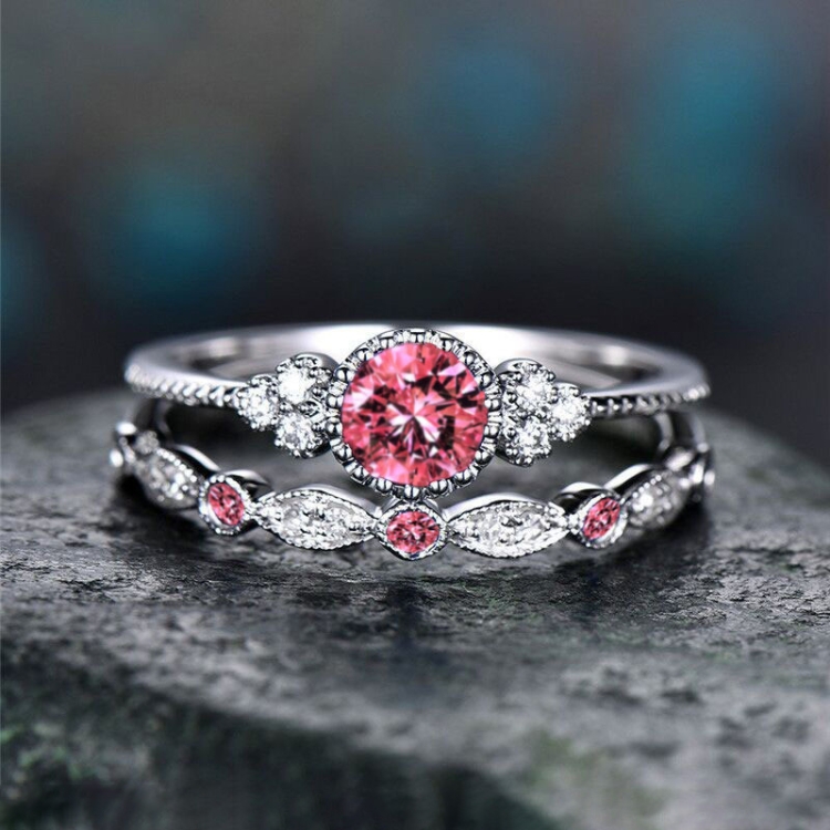 2 PCS/Set Women Fashion Zircon Gemstone Ring 5(Pink)