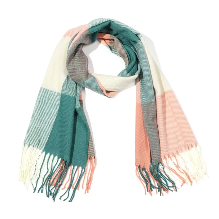 200cm Winter Plaid Faux Cashmere Scarf Women Versatile Double-sided Long Warm Soft Scarf Shawl(Pink Green)