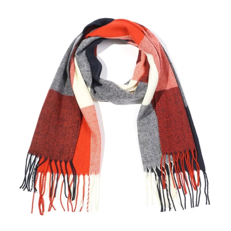 200cm Winter Plaid Faux Cashmere Scarf Women Versatile Double-sided Long Warm Soft Scarf Shawl(Red Blue)