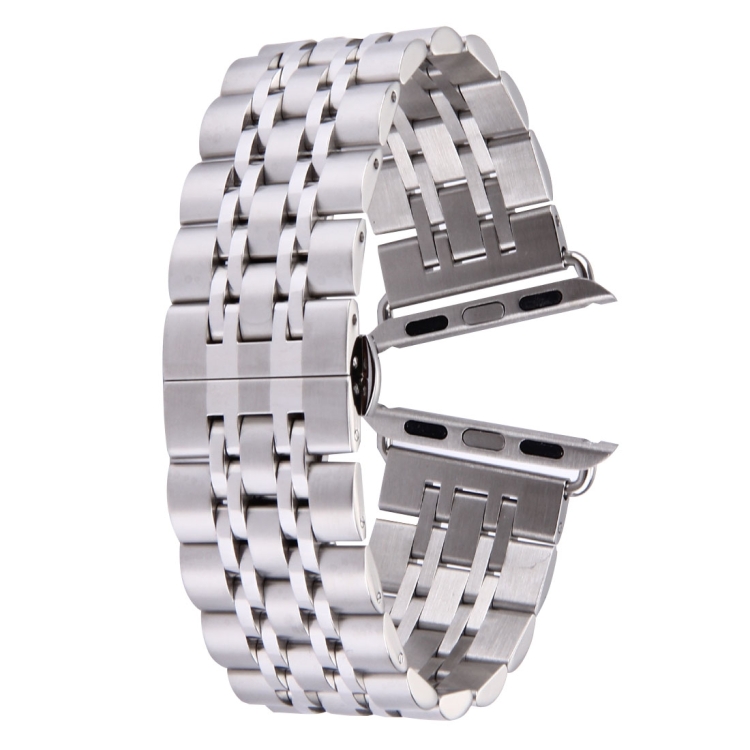 22mm Men Hidden Butterfly Buckle 7 Beads Stainless Steel Watch Band For Apple Watch 38mm(Silver)