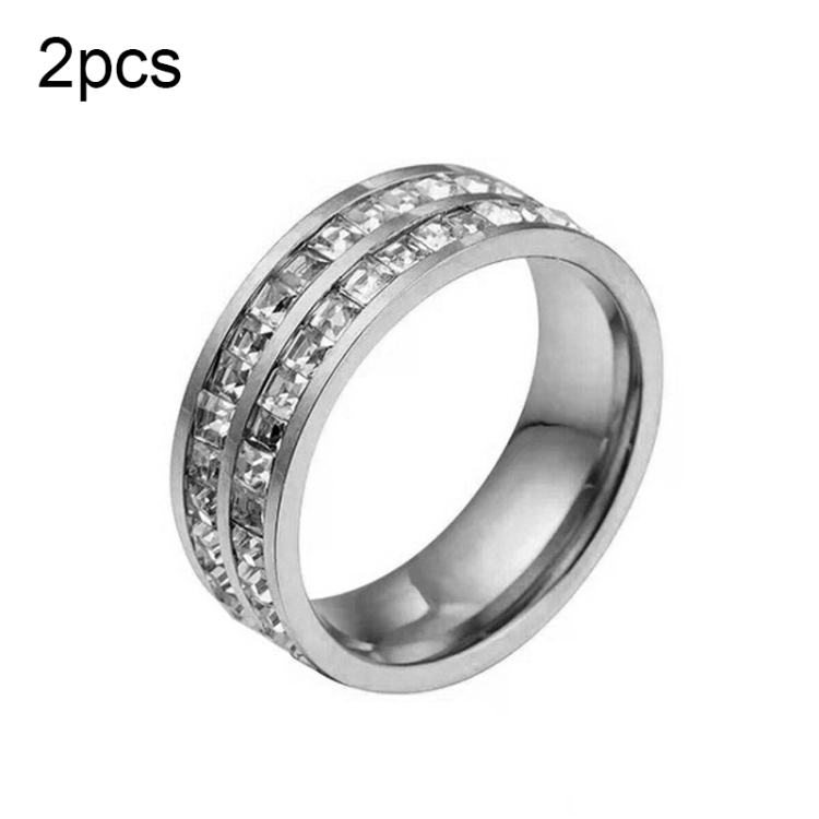 2pcs Girls Simple Titanium Steel Diamond Ring, Size: US Size 9(Double Row Silver)