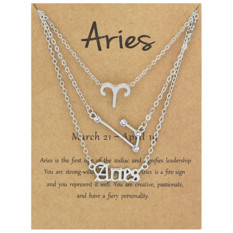 3 In 1 12 Zodiac Signs Necklace Set Retro Alphabet Symbols With Diamonds Jewelry Set, Style: Aries Silver