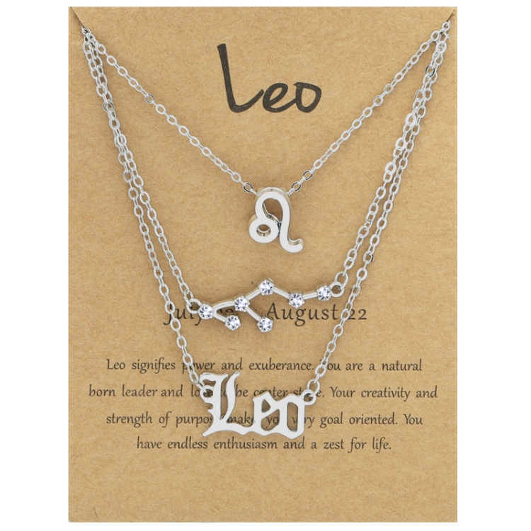 3 In 1 12 Zodiac Signs Necklace Set Retro Alphabet Symbols With Diamonds Jewelry Set, Style: Leo Silver