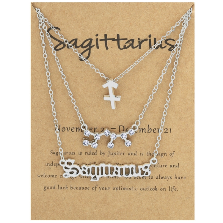 3 In 1 12 Zodiac Signs Necklace Set Retro Alphabet Symbols With Diamonds Jewelry Set, Style: Sagittarius Silver