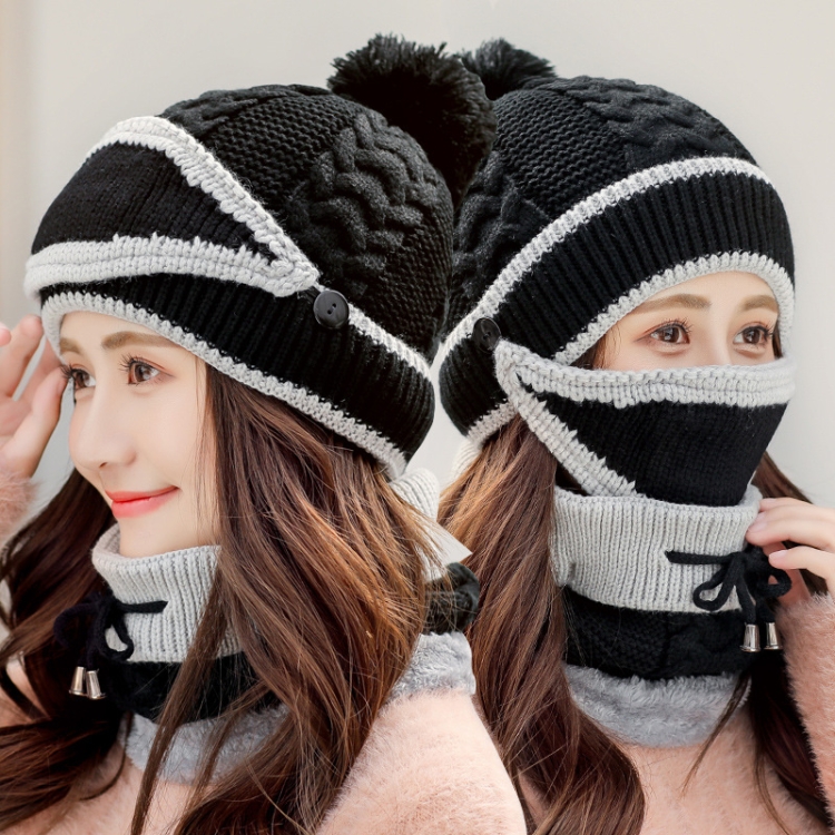 3 In 1 Female Winter Two-color Warm Woolen Cap Mask and Scarf, Size:Free Size(Dark Black)